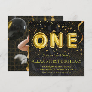 Luxury Black and Gold confetti Photo Birthday Invitation