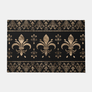 Luxury black and gold Fleur-de-lis ornament Doormat