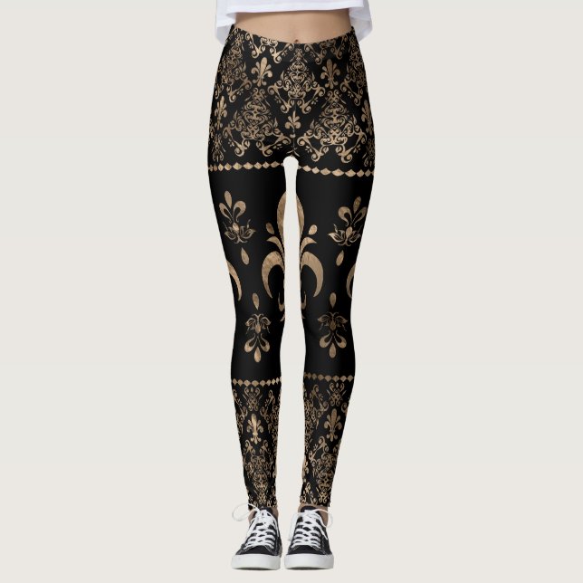 Luxury black and gold Fleur-de-lis ornament Leggings (Front)