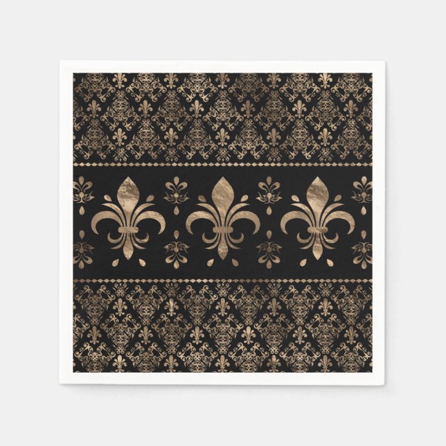 Luxury black and gold Fleur-de-lis ornament Napkin (Front)