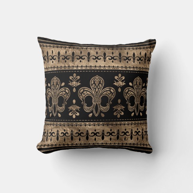Luxury black and gold Fleur-de-lis ornament Throw Pillow (Front)