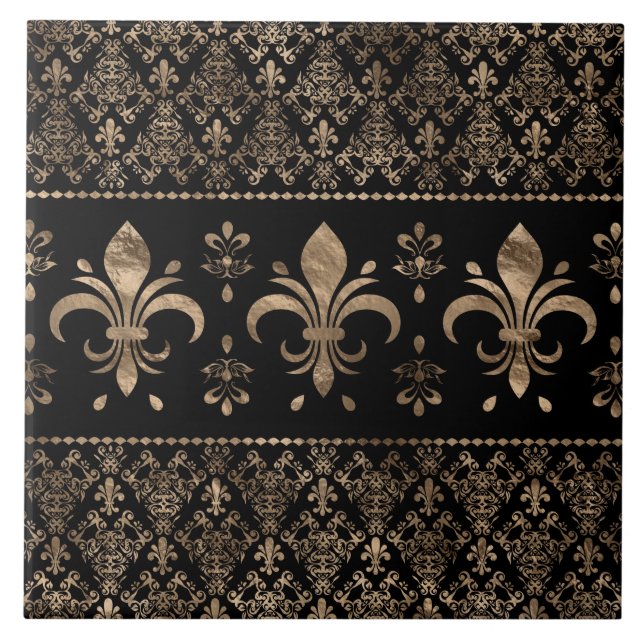 Luxury black and gold Fleur-de-lis ornament Tile (Front)