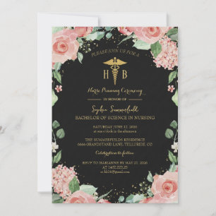 Luxury Black and Gold Floral Nursing Graduation In Invitation