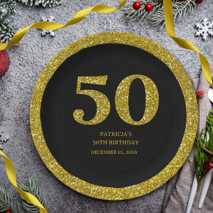 Luxury Black And Gold Glitter 50th Birthday Party Paper Plate