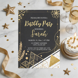 luxury black and gold glitter modern birthday invitation