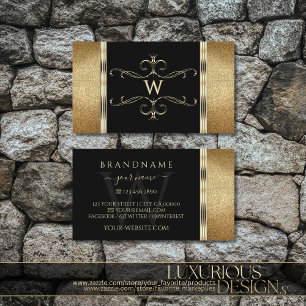 Luxury Black and Gold Glitter Ornamental Monogram Business Card