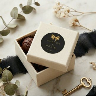 Luxury Black and Gold  Golden Bow Wedding  Classic Round Sticker