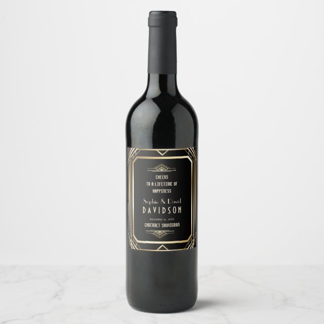 Luxury Black and Gold Great Gatsby Wedding Wine Label (Front)
