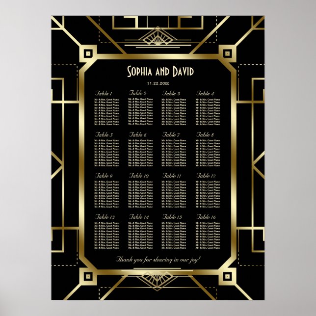 Luxury Black and Gold Great Seating Chart (Front)