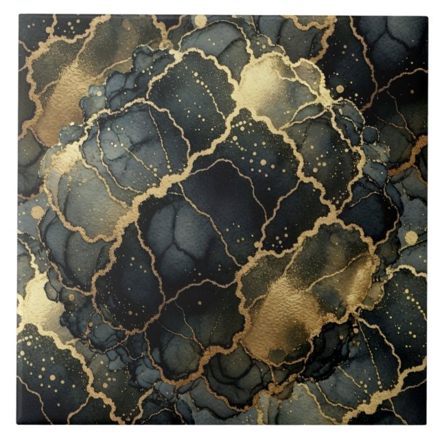 Luxury Black and Gold Marble Alcohol Ink Tile (Front)