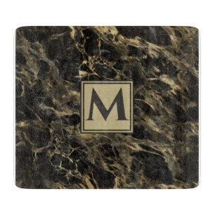Luxury  Black and Gold  Marble   Monogram Cutting Board
