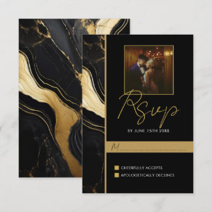 Luxury Black and Gold Marble Photo Wedding RSVP Card