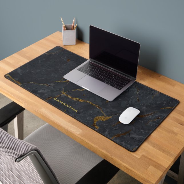 Luxury black and gold marble texture monogram desk mat (Office 2)