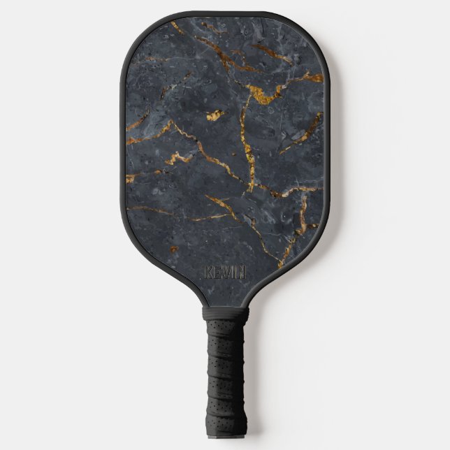Luxury black and gold marble texture Monogram Pickleball Paddle (Front)