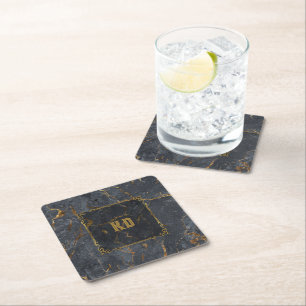 Luxury black and gold marble vintage gold frame square paper coaster