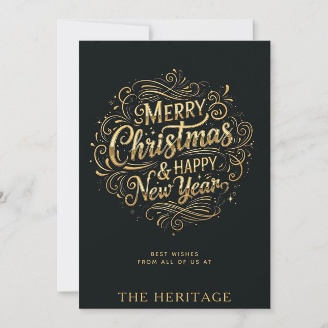 Luxury Black and Gold Merry Christmas & New Year  Holiday Card (Front)