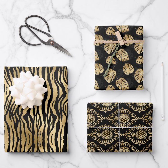 Luxury Black and Gold Pattern Exclusive Gift Wrapping Paper Sheet (Front)