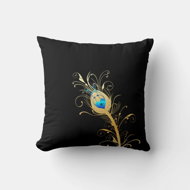 Luxury Black and Gold Peacock Feather Throw Pillow (Front)