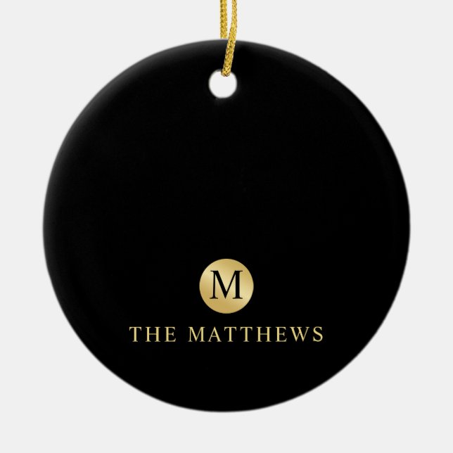 Luxury Black and Gold Personalized Monogram Ceramic Ornament (Front)