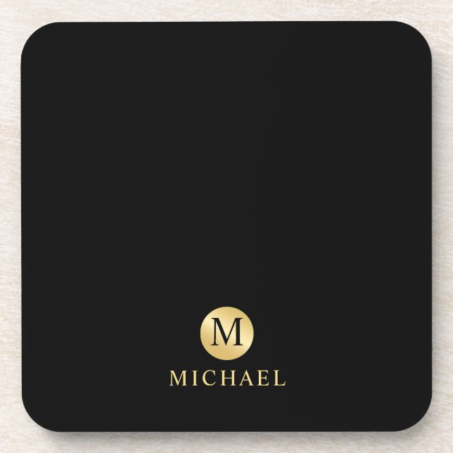 Luxury Black and Gold Personalized Monogram Coaster (Front)