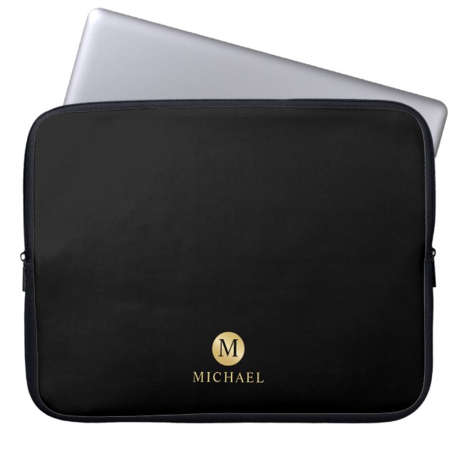 Luxury Black and Gold Personalized Monogram Laptop Sleeve (Front)