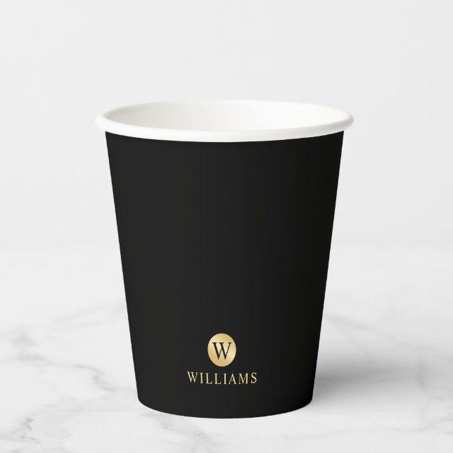 Luxury Black and Gold Personalized Monogram Paper Cups (Front)