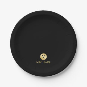 Luxury Black and Gold Personalized Monogram Paper Plate