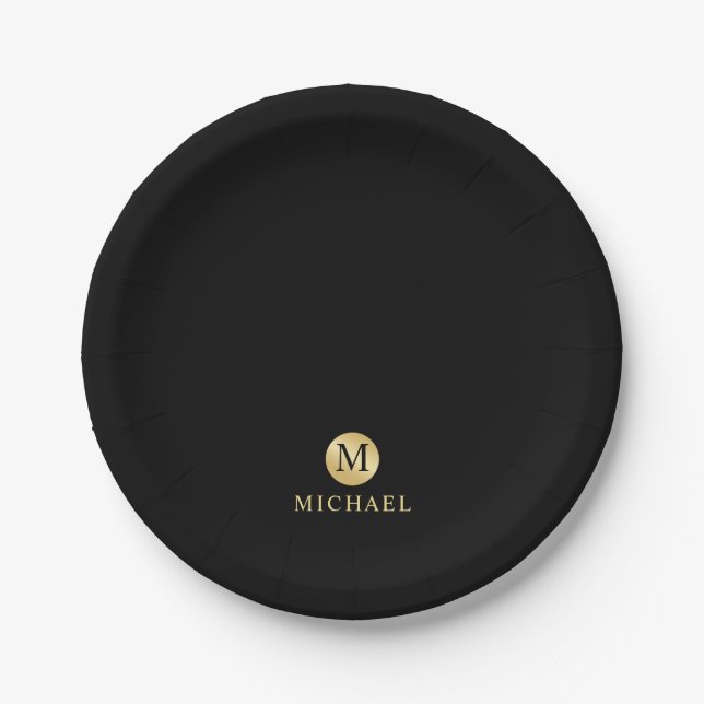 Luxury Black and Gold Personalized Monogram Paper Plate (Front)
