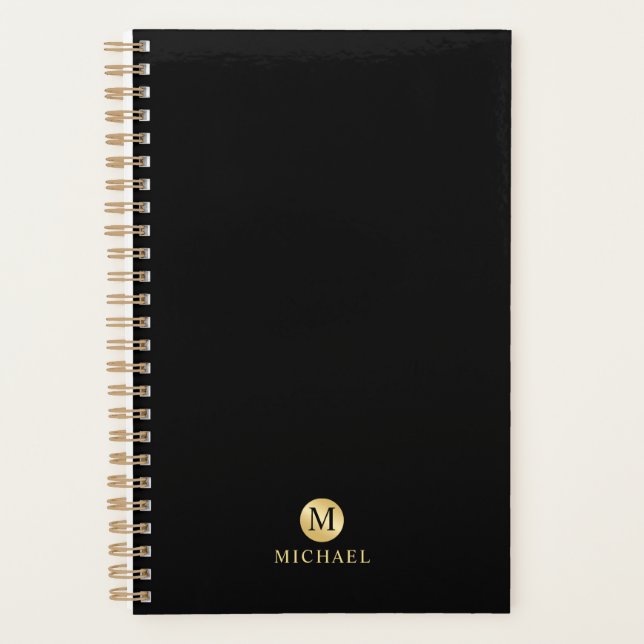 Luxury Black and Gold Personalized Monogram Planner (Front)