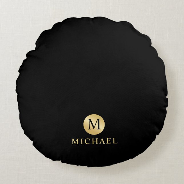 Luxury Black and Gold Personalized Monogram Round Pillow (Front)