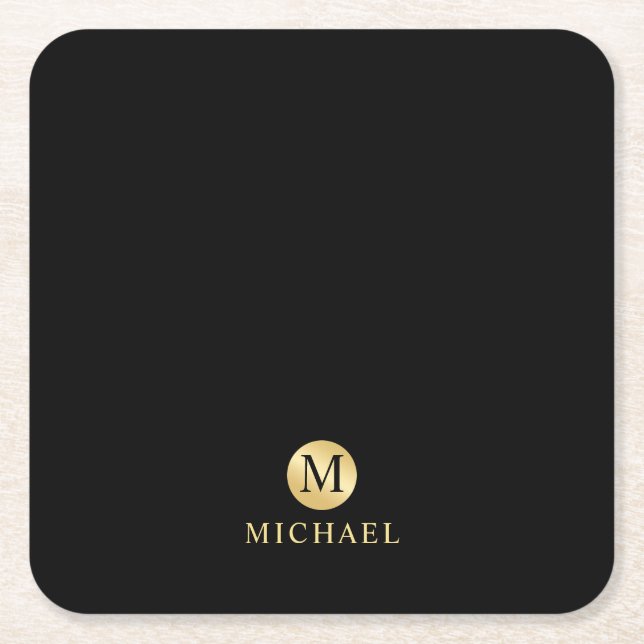 Luxury Black and Gold Personalized Monogram Square Paper Coaster (Front)