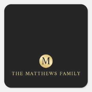 Luxury Black and Gold Personalized Monogram Square Sticker