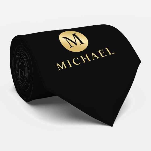 Luxury Black and Gold Personalized Monogram Tie (Rolled)