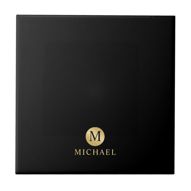 Luxury Black and Gold Personalized Monogram Tile (Front)