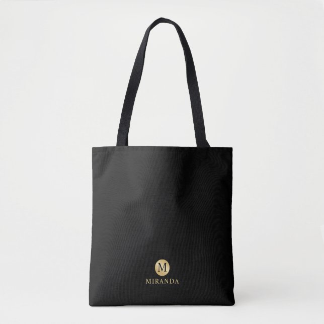 Luxury Black and Gold Personalized Monogram Tote Bag (Front)