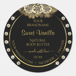 Luxury Black and Gold Product Label Roses Diamonds