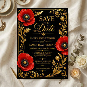 Luxury Black and Gold Red Poppy Save The Date
