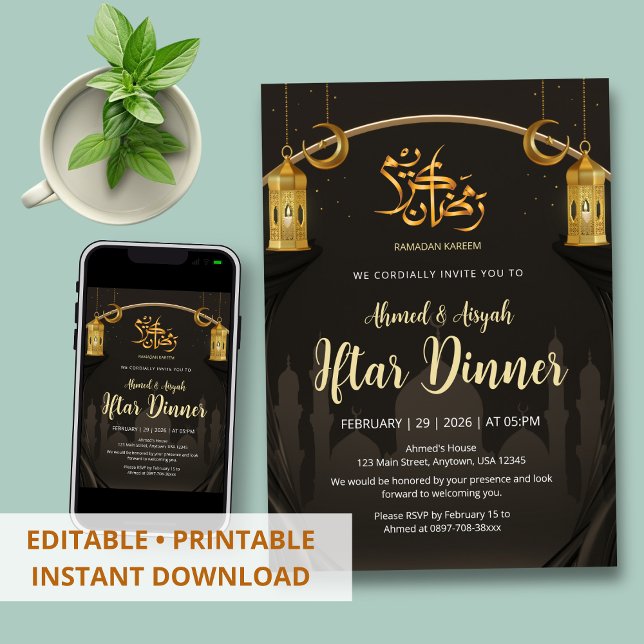 Luxury Black and Gold Silk Curtain Islamic Iftar Invitation (Creator Uploaded)