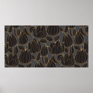 Luxury black and gold tulip floral seamless patter poster