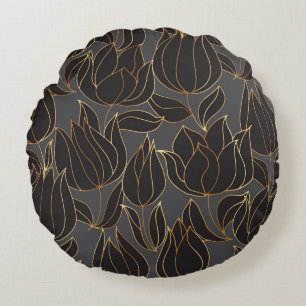 Luxury black and gold tulip floral seamless patter round pillow