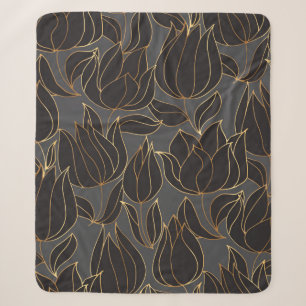 Luxury black and gold tulip floral seamless patter sherpa blanket