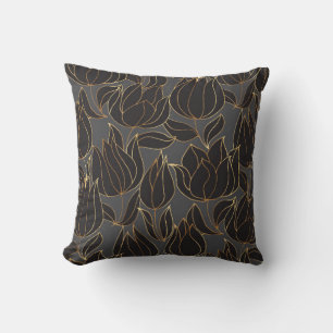 Luxury black and gold tulip floral seamless patter throw pillow