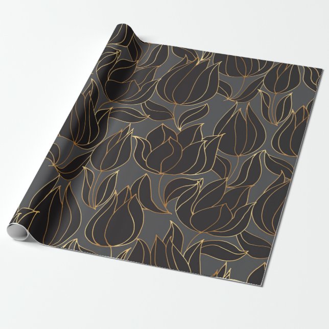 Luxury black and gold tulip floral seamless patter wrapping paper (Unrolled)