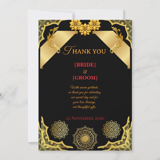 Luxury Black and Gold Wedding Thank You Card (Front)