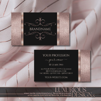 Luxury Black and Rose Gold Glitter Ornate Ornament Business Card