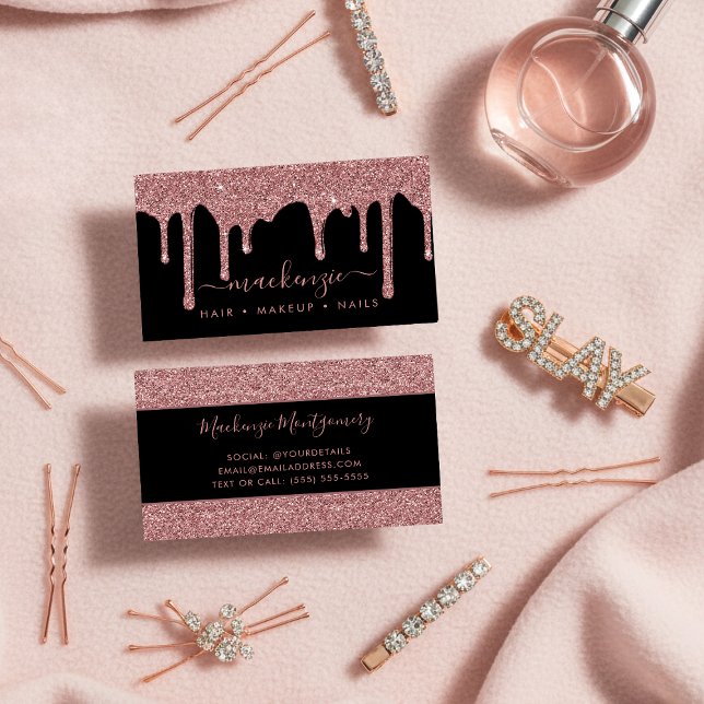 Luxury Black and Rose Gold Sparkle Glitter Drips Business Card (Luxury Black and Rose Gold Sparkle Glitter Drips Business Card)