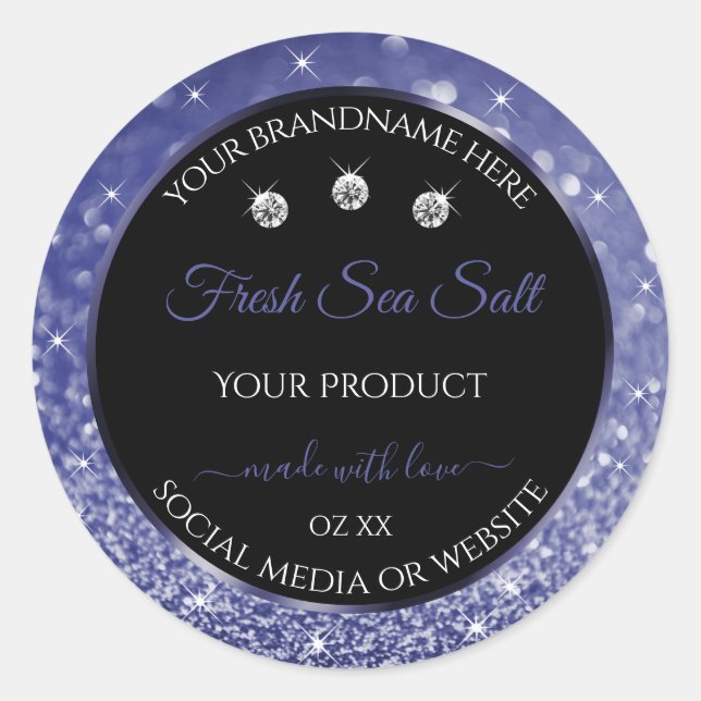 Luxury Black and Royal Blue Glitter Product Labels (Front)