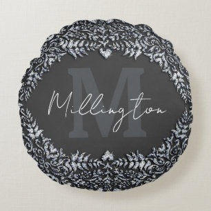 Luxury Black and Silver Diamond Monogram Round Pillow