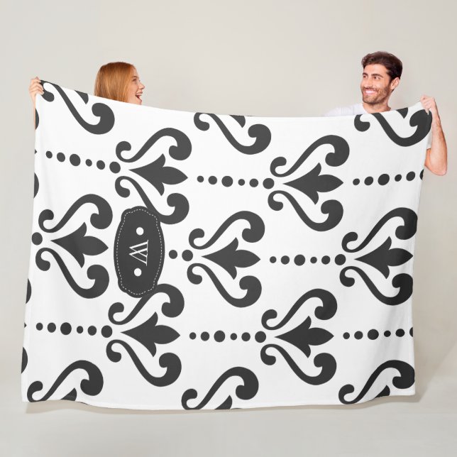 Luxury Black and White Monogram Damask Fleece Blanket (In Situ)