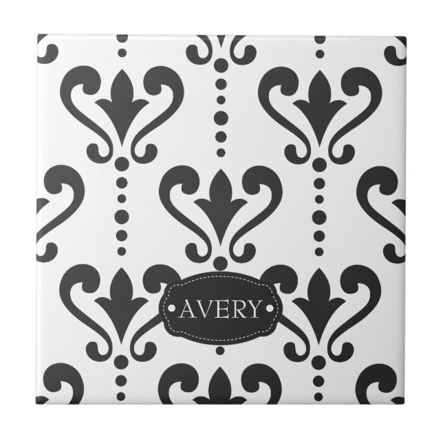 Luxury Black and White Personalized Tile (Front)
